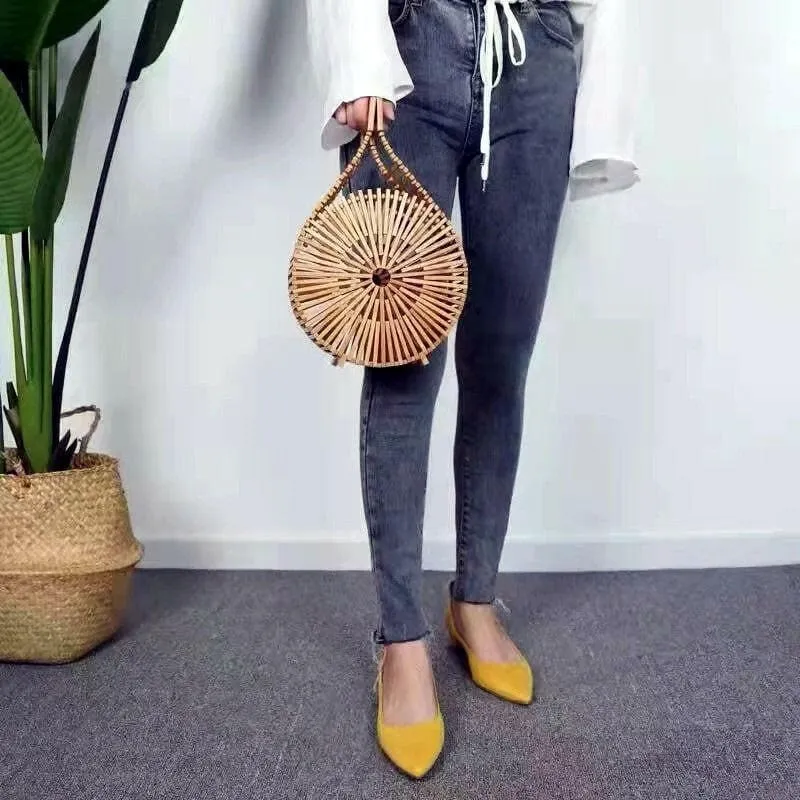 Circular Bamboo Woven Handcrafted Handbag with Top Handle