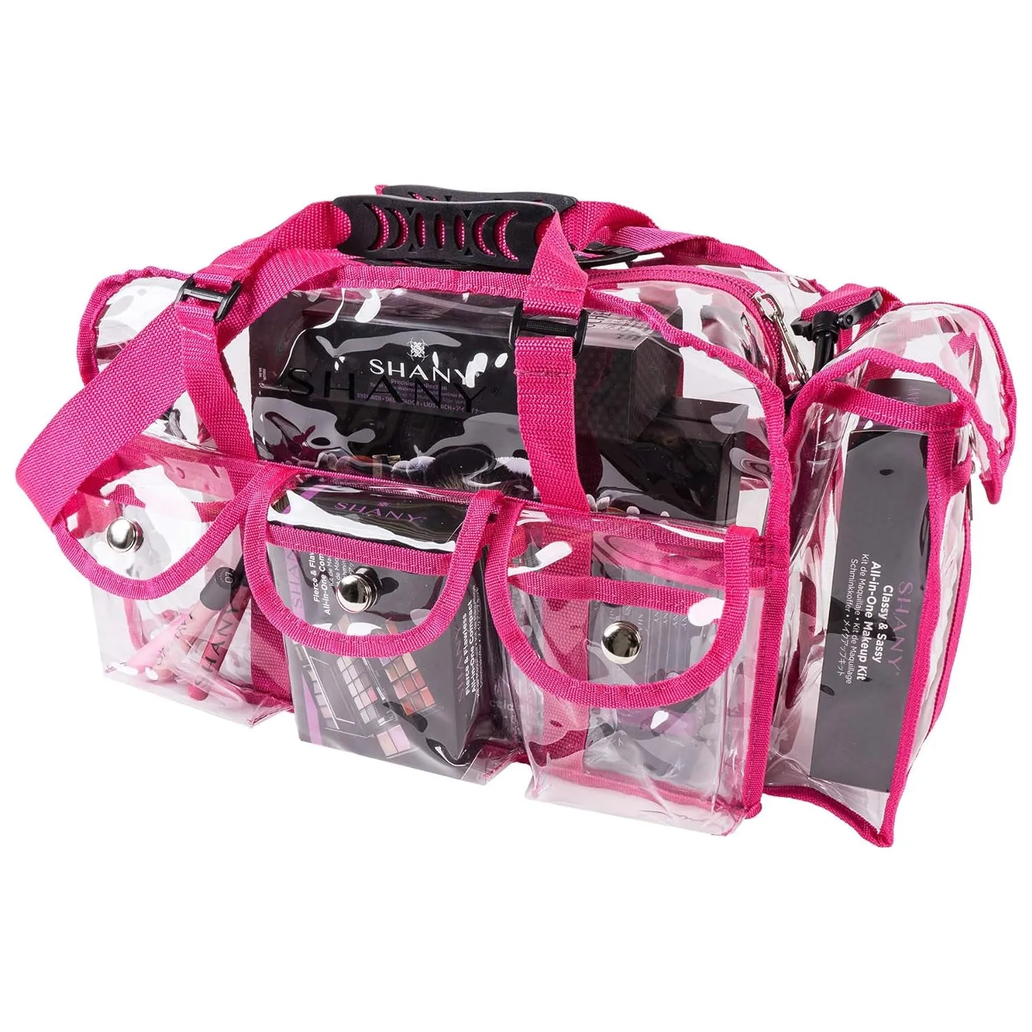 Clear PVC Makeup Bag – Large Rectangular Tote for Professional Makeup Artists with Shoulder Strap & 5 External Pockets, Pink