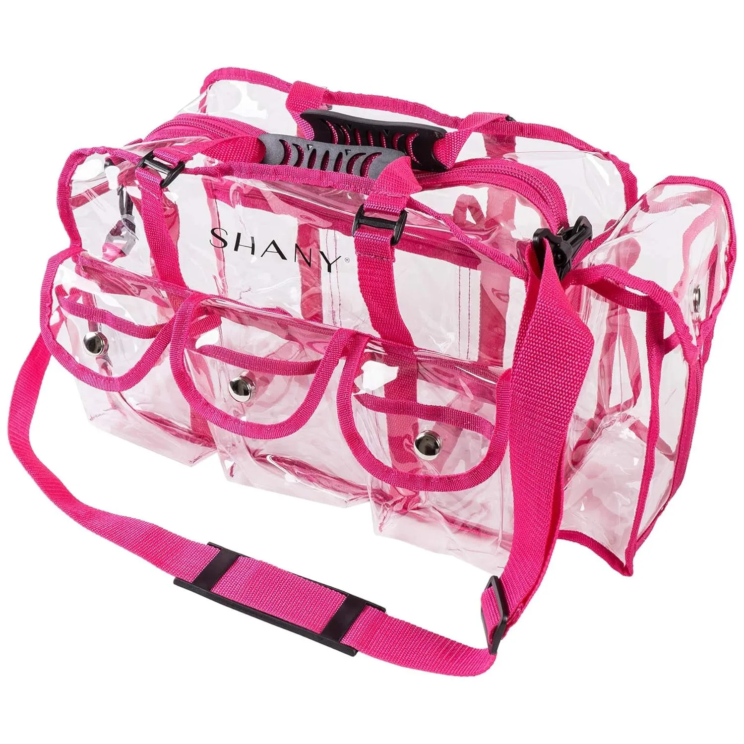 Clear PVC Makeup Bag – Large Rectangular Tote for Professional Makeup Artists with Shoulder Strap & 5 External Pockets, Pink