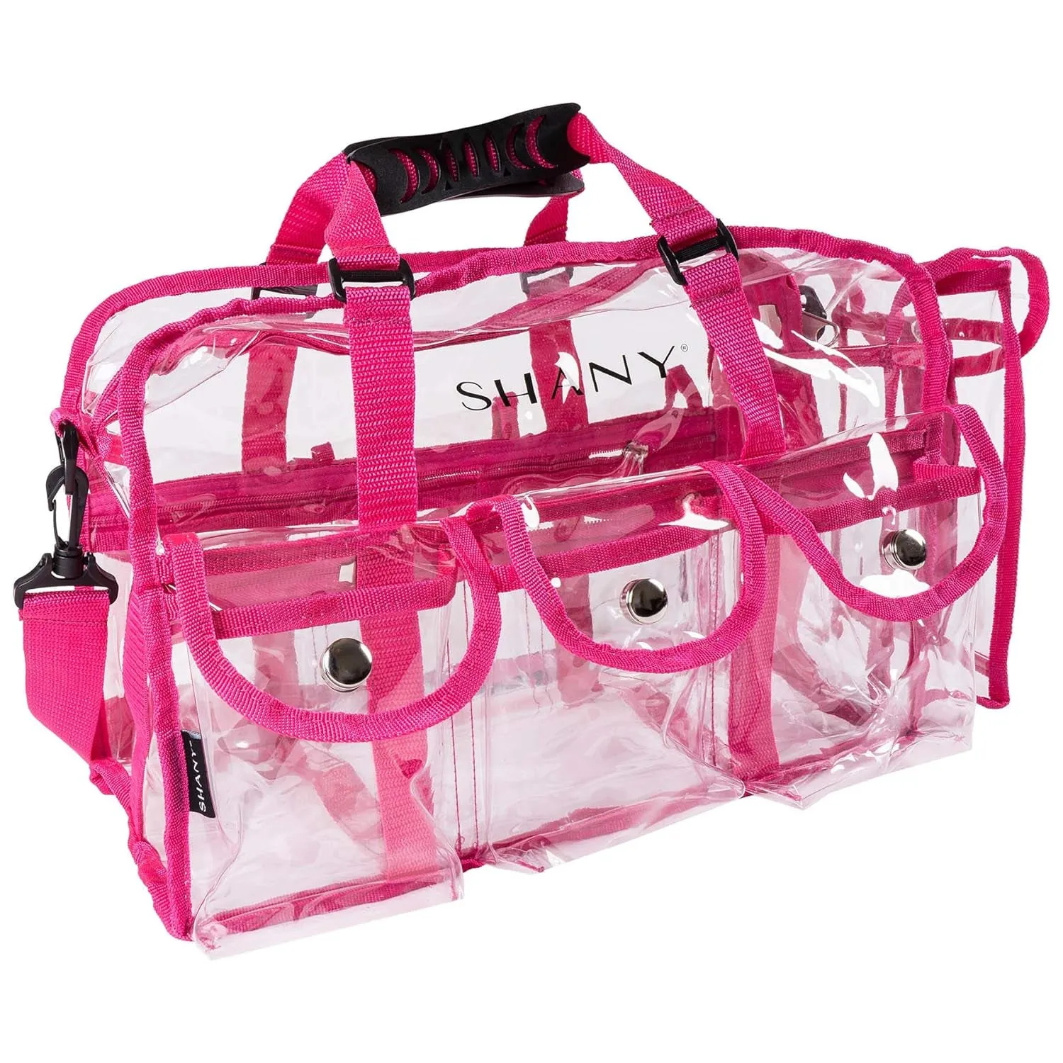 Clear PVC Makeup Bag – Large Rectangular Tote for Professional Makeup Artists with Shoulder Strap & 5 External Pockets, Pink