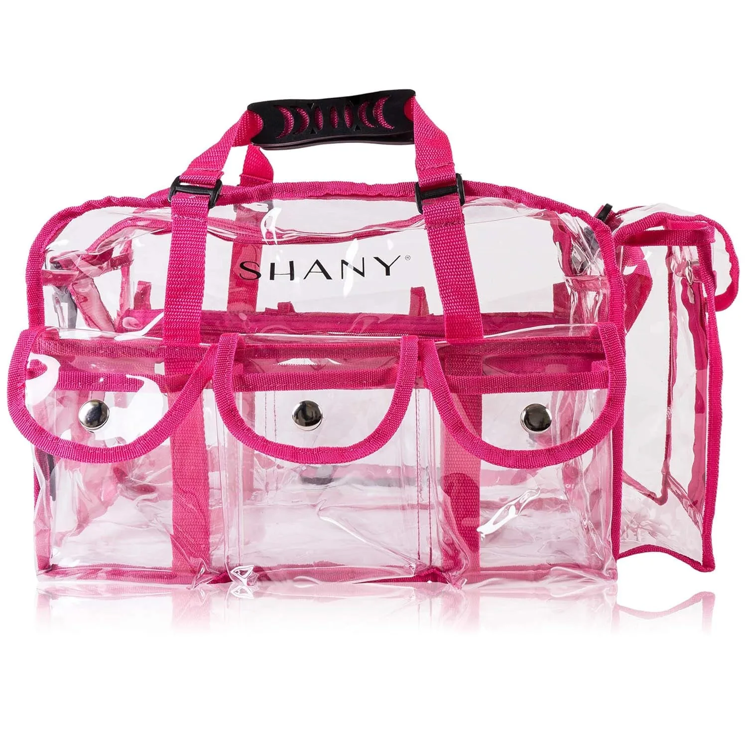 Clear PVC Makeup Bag – Large Rectangular Tote for Professional Makeup Artists with Shoulder Strap & 5 External Pockets, Pink