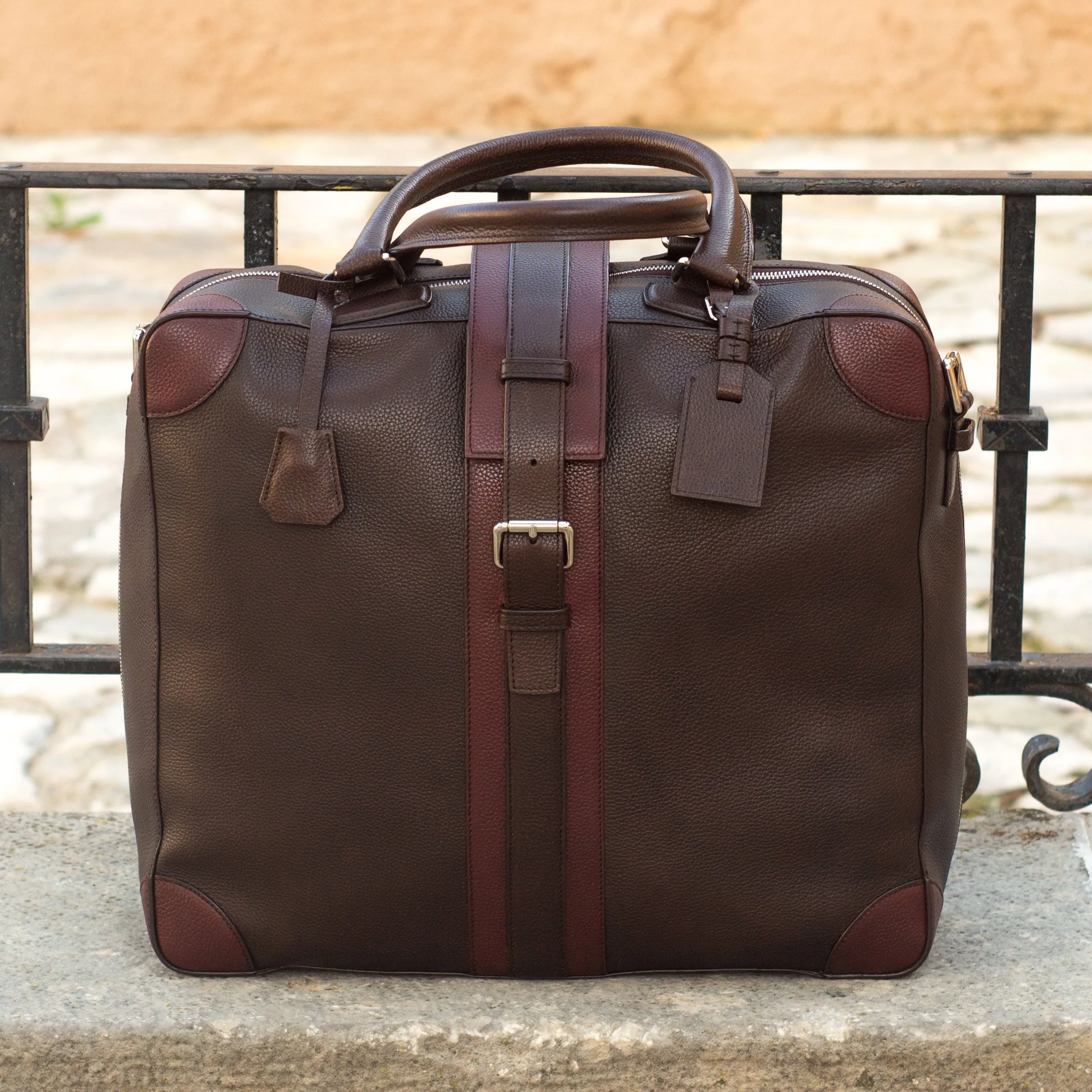 DapperFam Luxe Men's Travel Tote in Burgundy Painted Full Grain