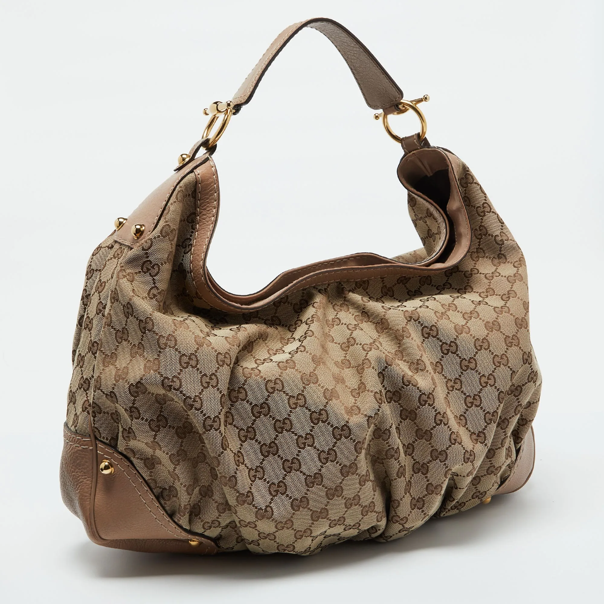 Gucci Beige/brown Gg Canvas And Leather Large Jockey Hobo