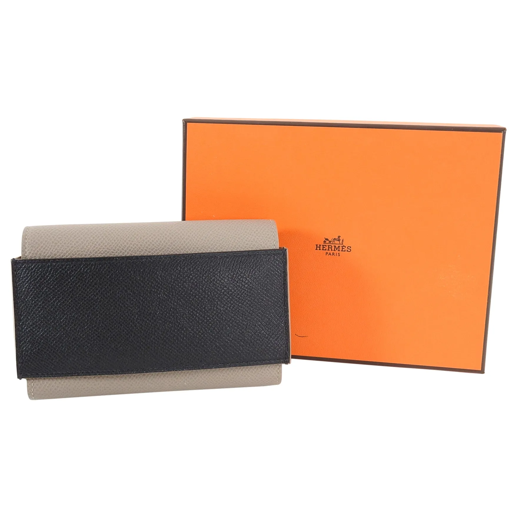 Hermes Passant Compact Wallet in Black and Etain Epsom Leather