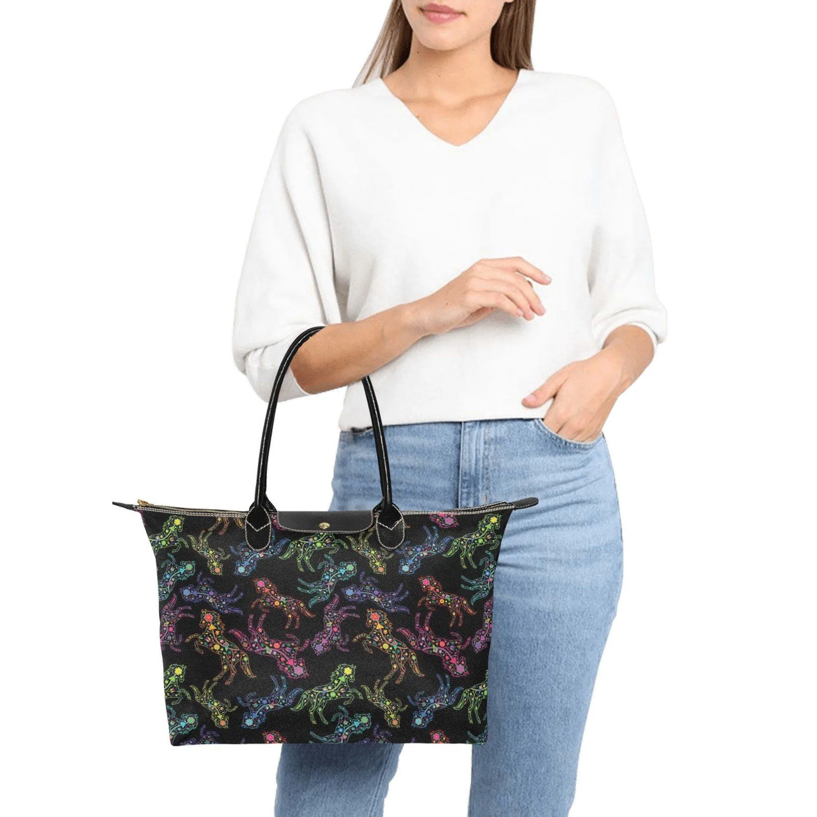 Neon Floral Horses Single-Shoulder Lady Handbag