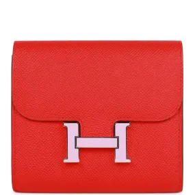 Pre-owned Hermes Constance Compact Wallet Rouge de Coeur Epsom Rose Sakura Enamel and Palladium Hardware