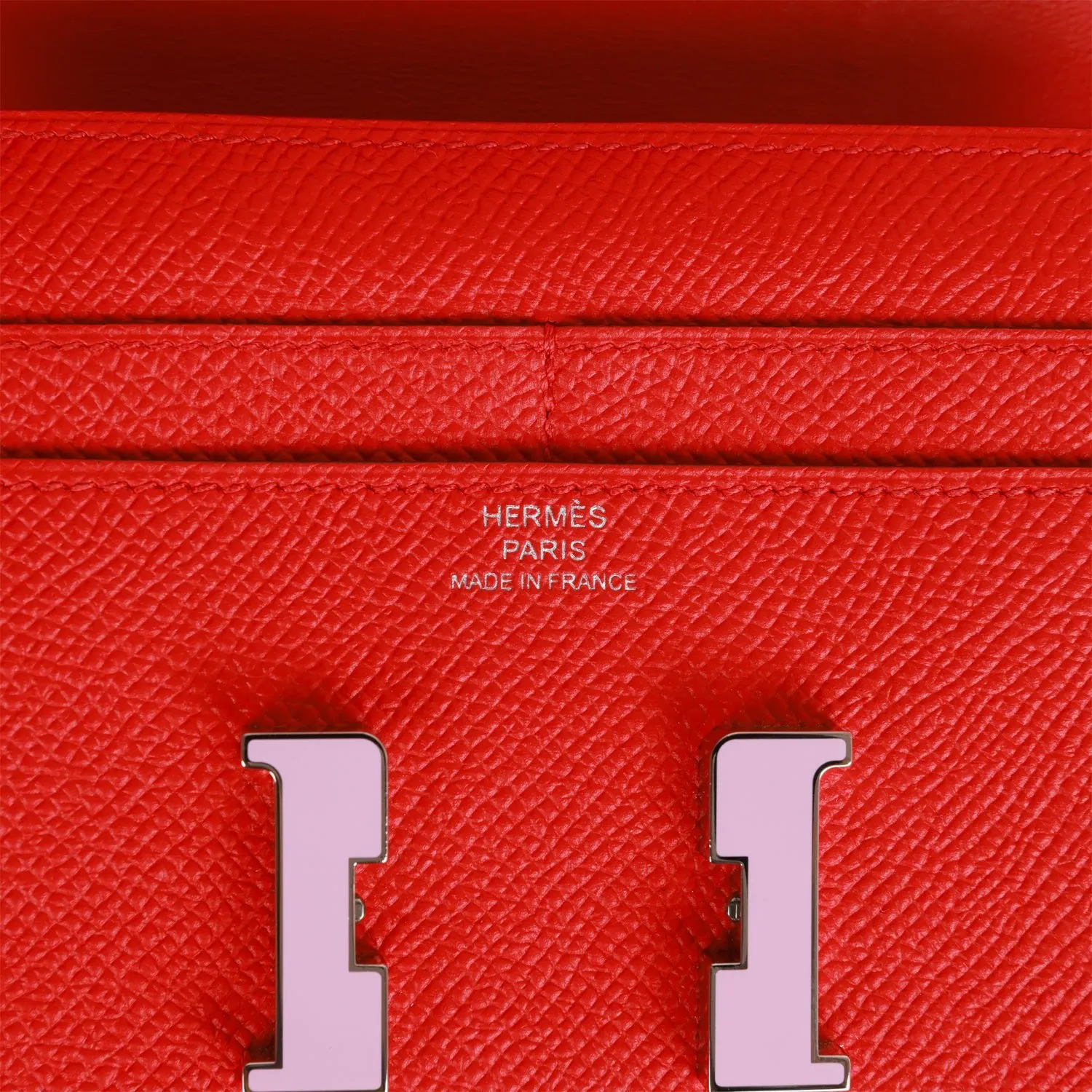 Pre-owned Hermes Constance Compact Wallet Rouge de Coeur Epsom Rose Sakura Enamel and Palladium Hardware