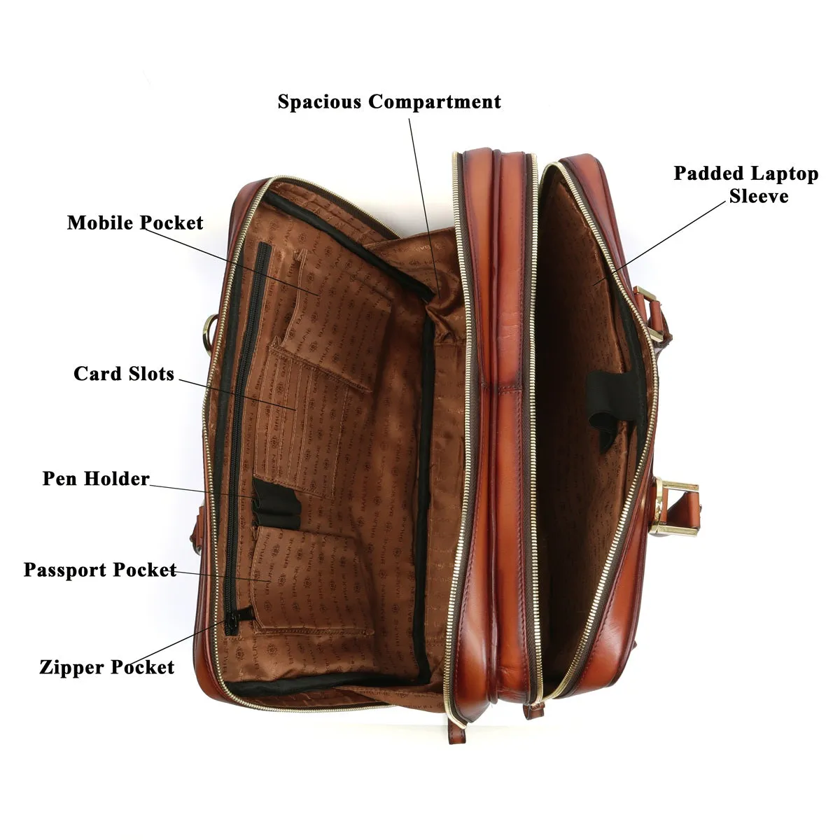 Tan Leather Laptop Briefcase Bag with Double Zipper Compartment