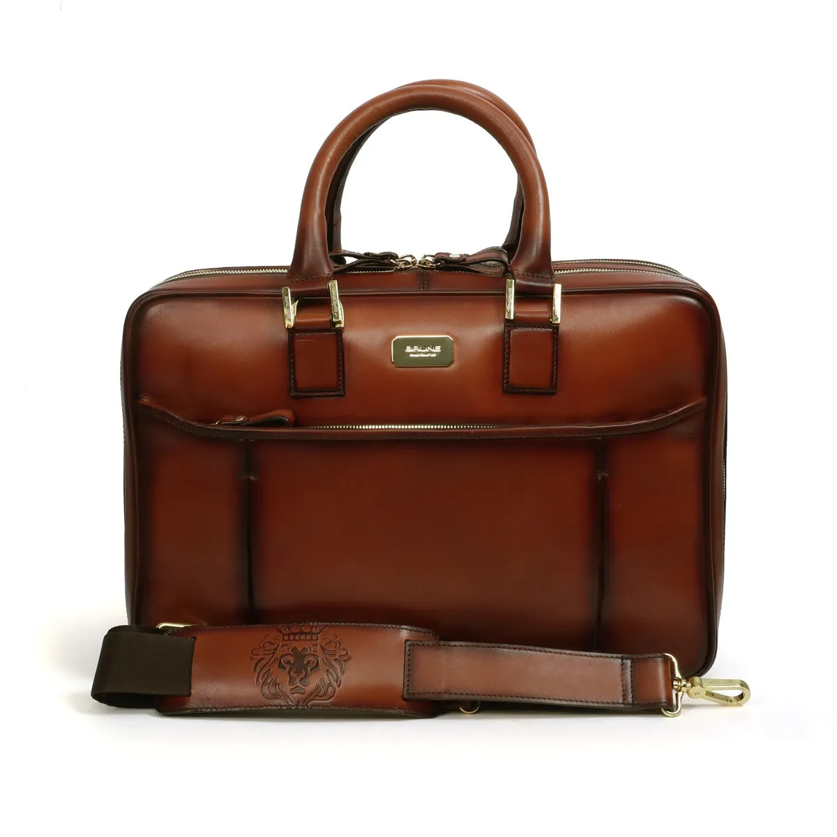 Tan Leather Laptop Briefcase Bag with Double Zipper Compartment