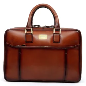 Tan Leather Laptop Briefcase Bag with Double Zipper Compartment