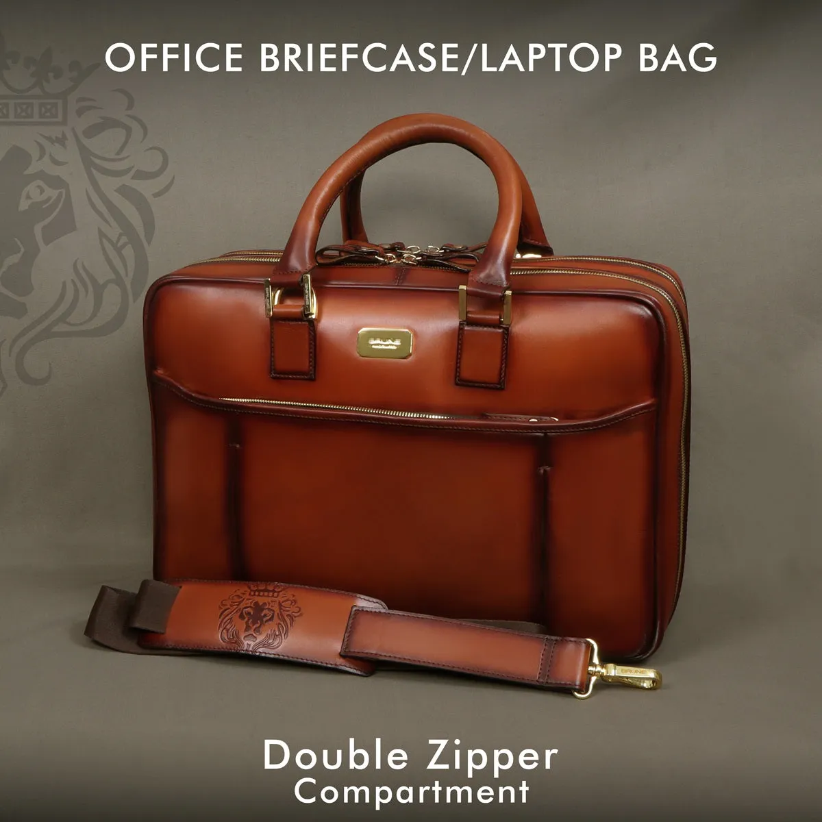 Tan Leather Laptop Briefcase Bag with Double Zipper Compartment